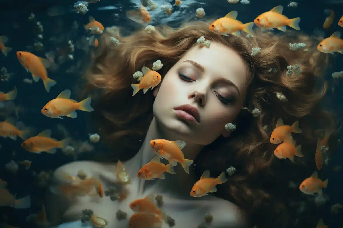 Generated ai template portrait collage of stunnig gorgeous lady floating under water with gold fish sea princess character