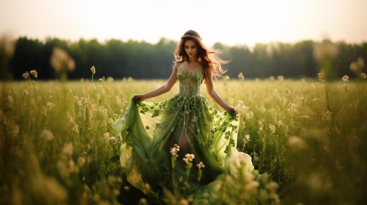 a stunning woman in green fluttering dress walking in green field