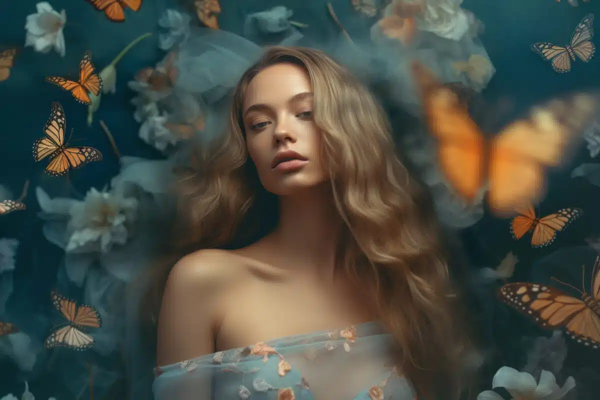 a stunning lady dreaming in a garden surrounded by butterflies