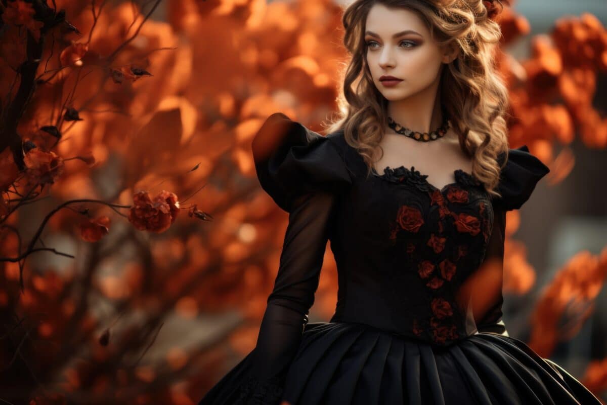 a beautiful and mysterious woman dressed in black in autumn forest