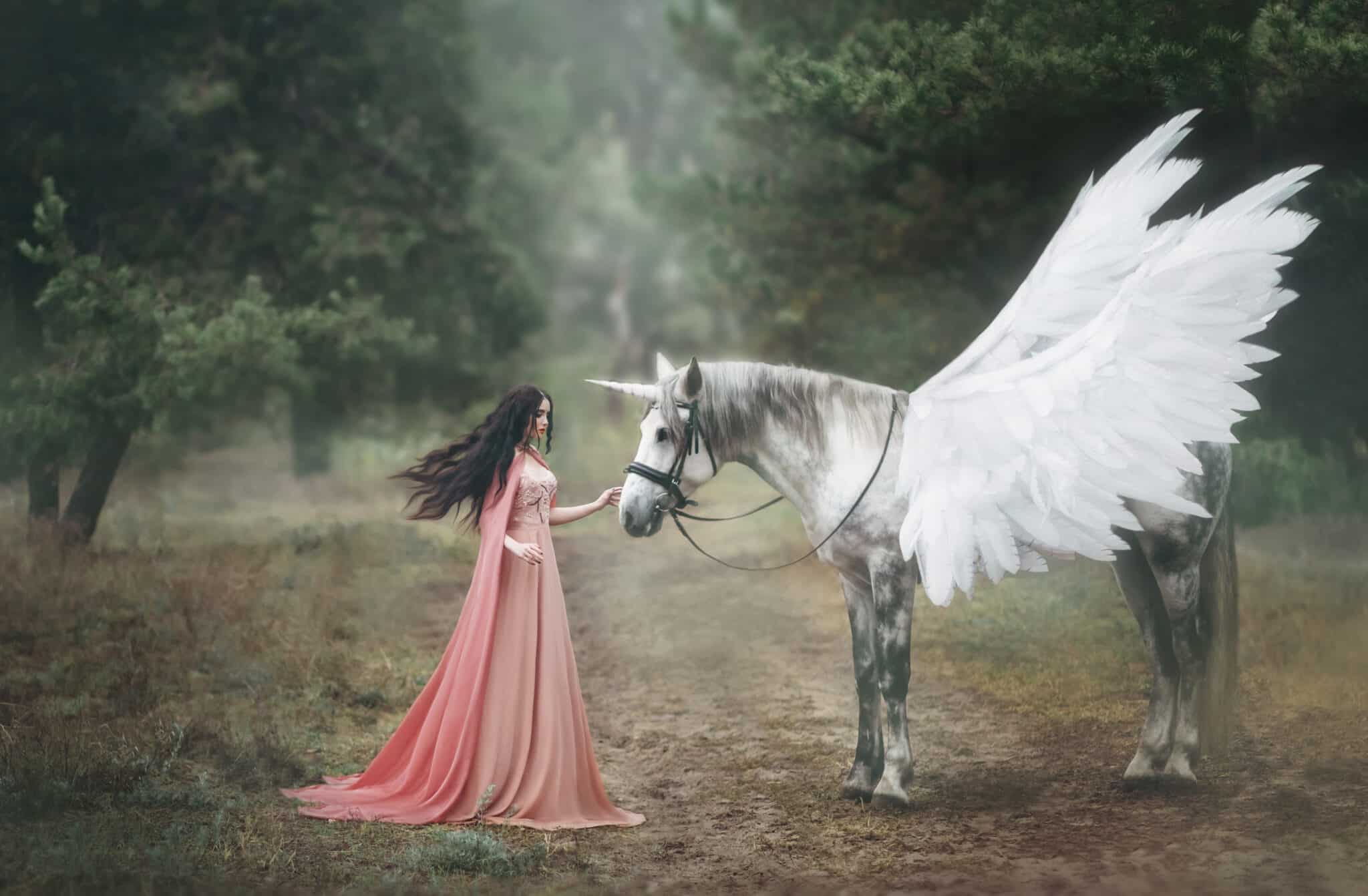 Beautiful, young elf, walking with a unicorn in the forest.