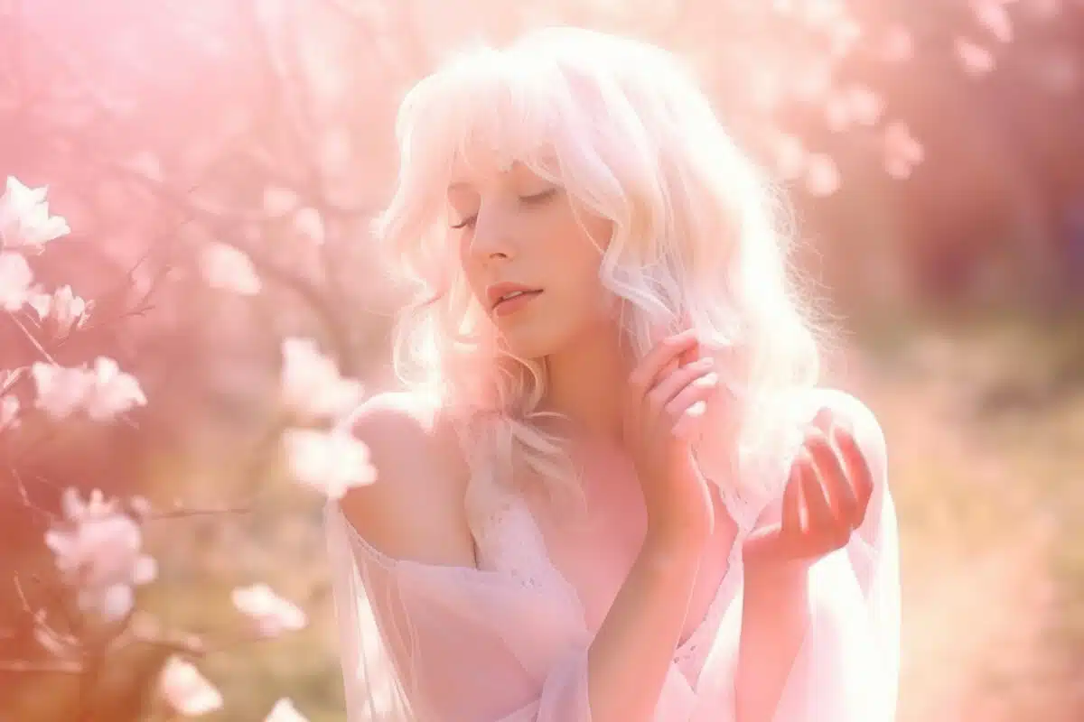 a delicate lady in a pink dress among the flowers in the gentle rays of the rising sun
