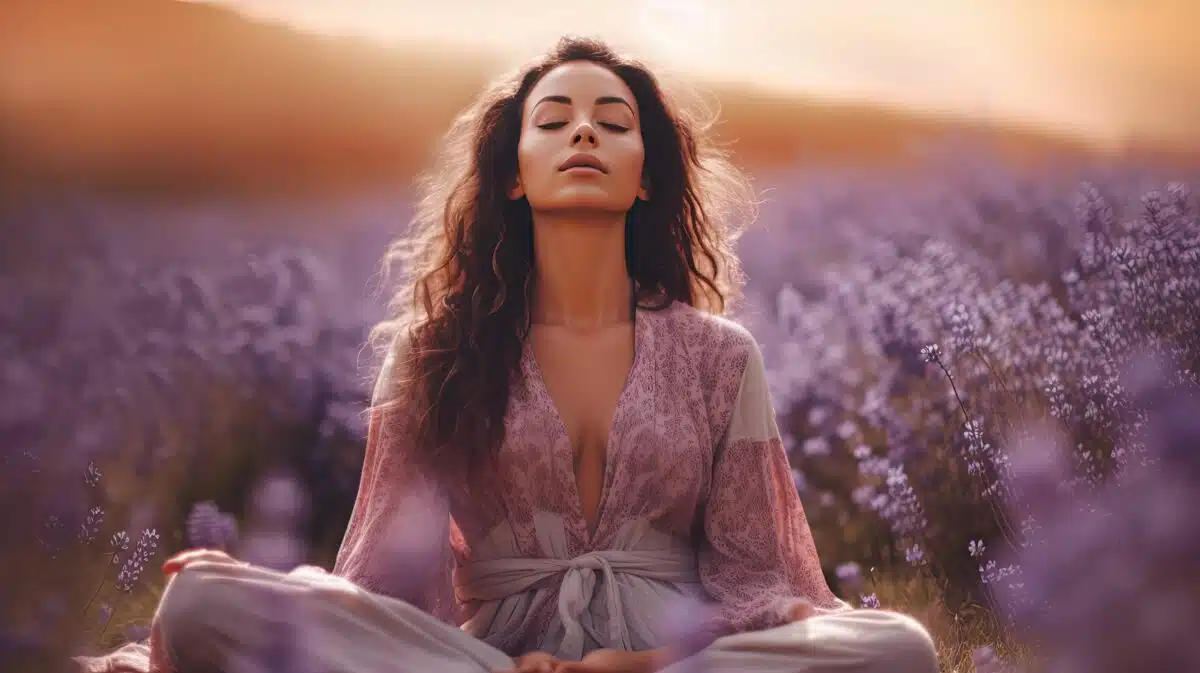a lovely woman sitting & meditating in the lavender field at sunrise