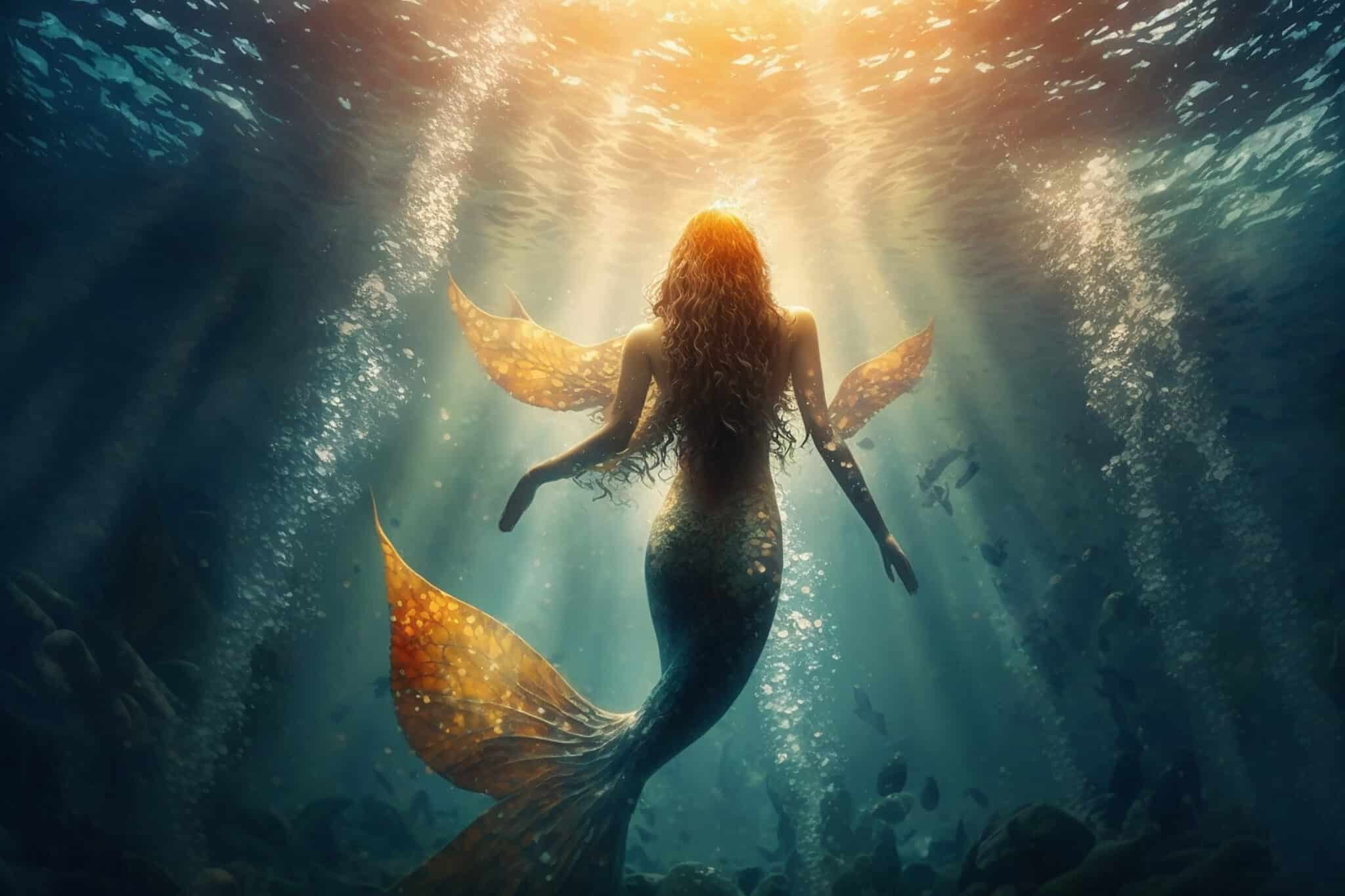 golden tailed mermaid under the water head looking above the sunlit water surface