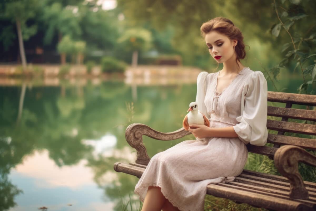 A young woman sits on a bench enjoying the view of a tranquil lake. She gently holds a bird in her hands releasing the animal with .