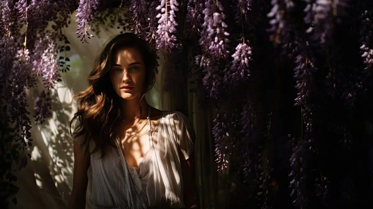 a lady standing amidst a curtain of hanging wisteria, intertwining with her silhouette