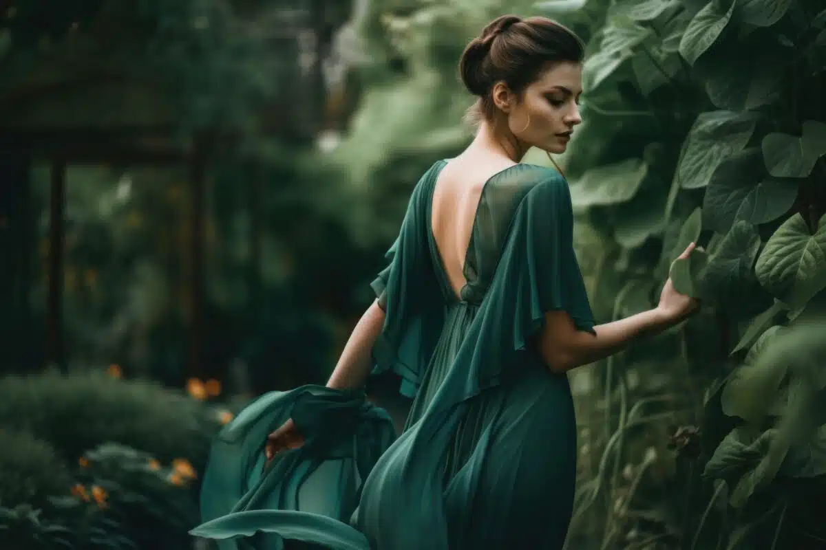a sullen looking woman in a green dress standing in a garden