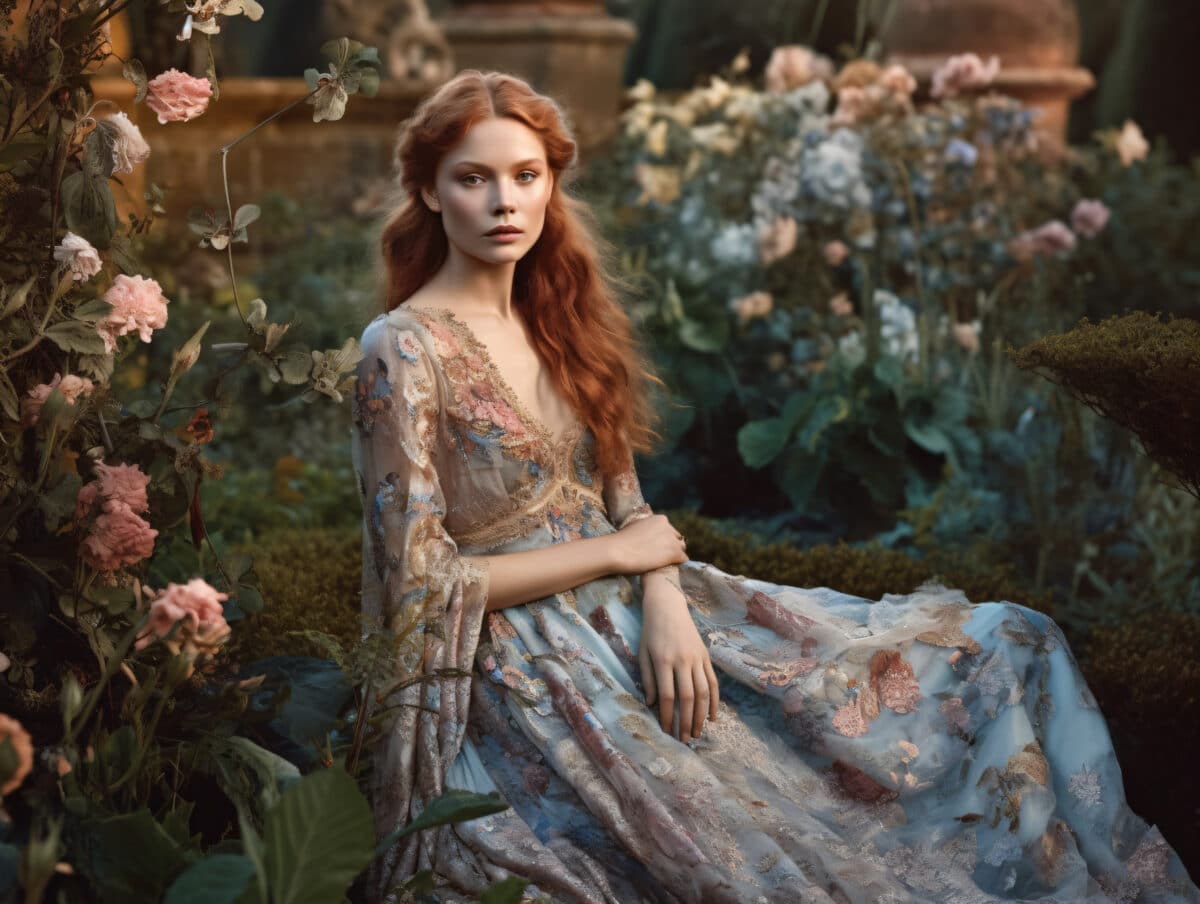 A woman with red hair and gold dress sitting in a garden Generative Ai