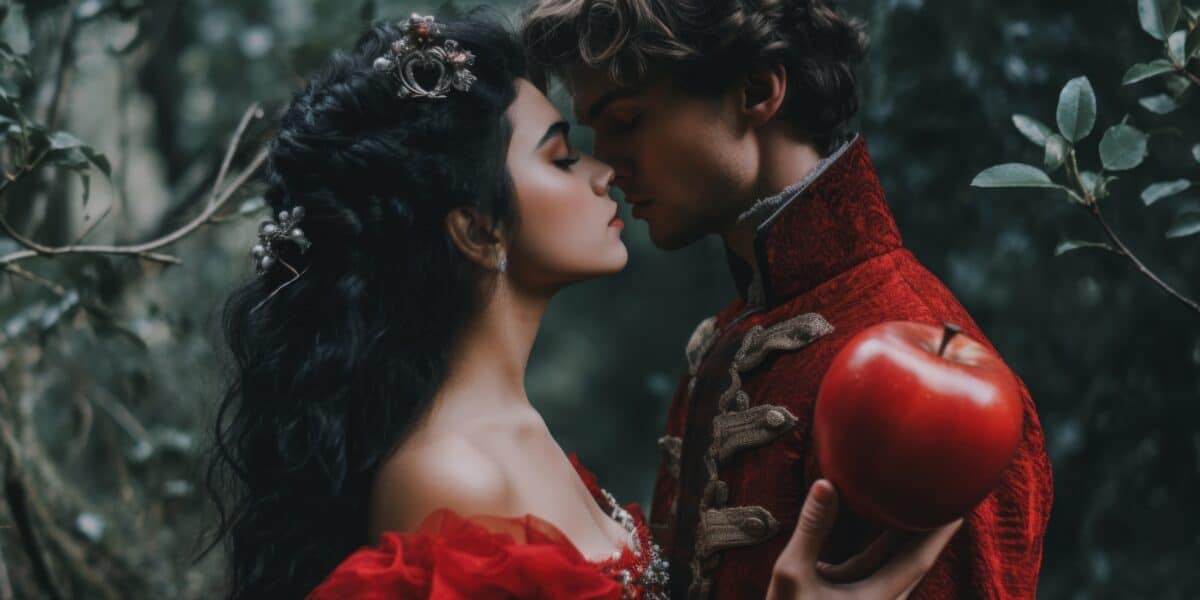 a man and a woman dressed in red kissing in a forest
