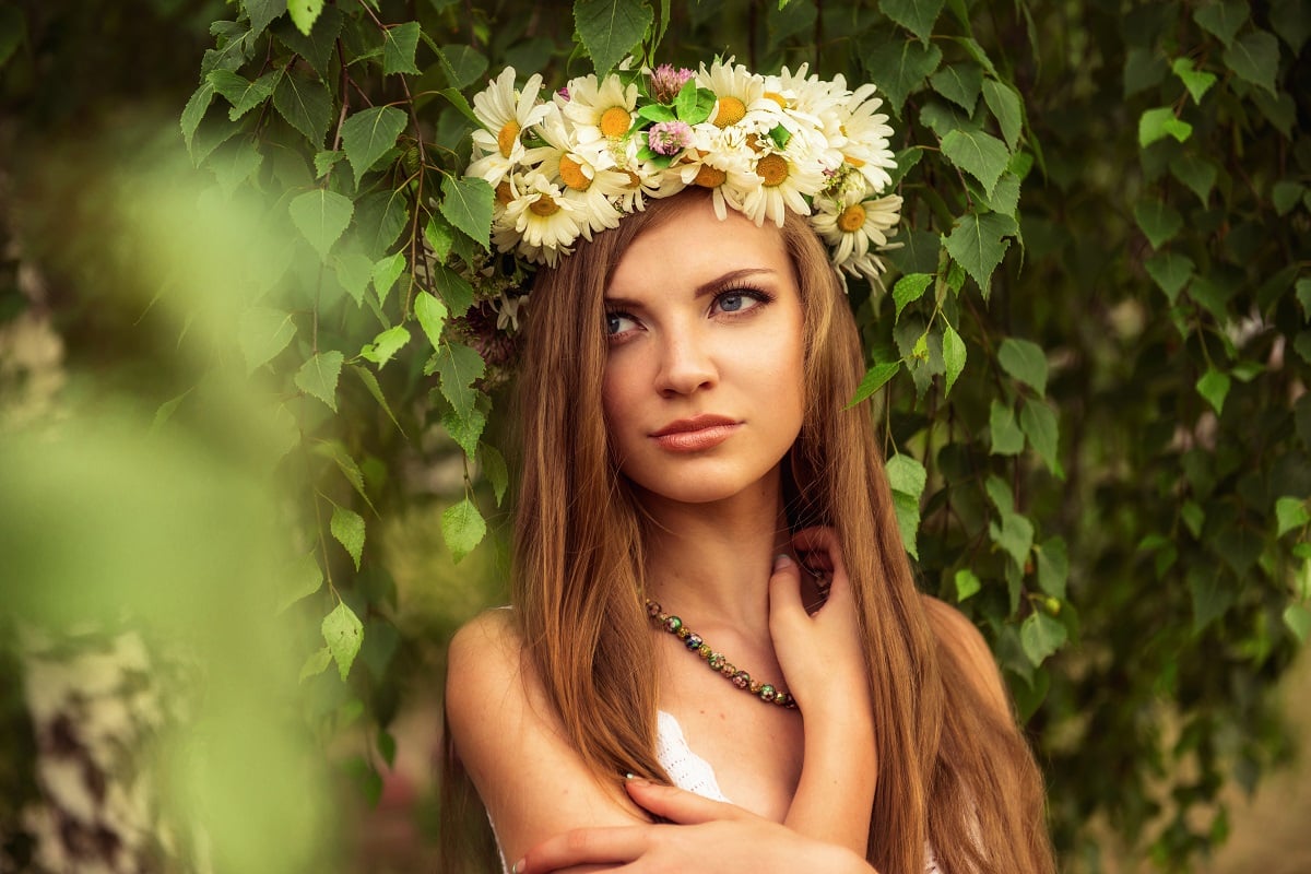 a young beautiful woman in a birch wood forest wearing a wreath of daisy on her head