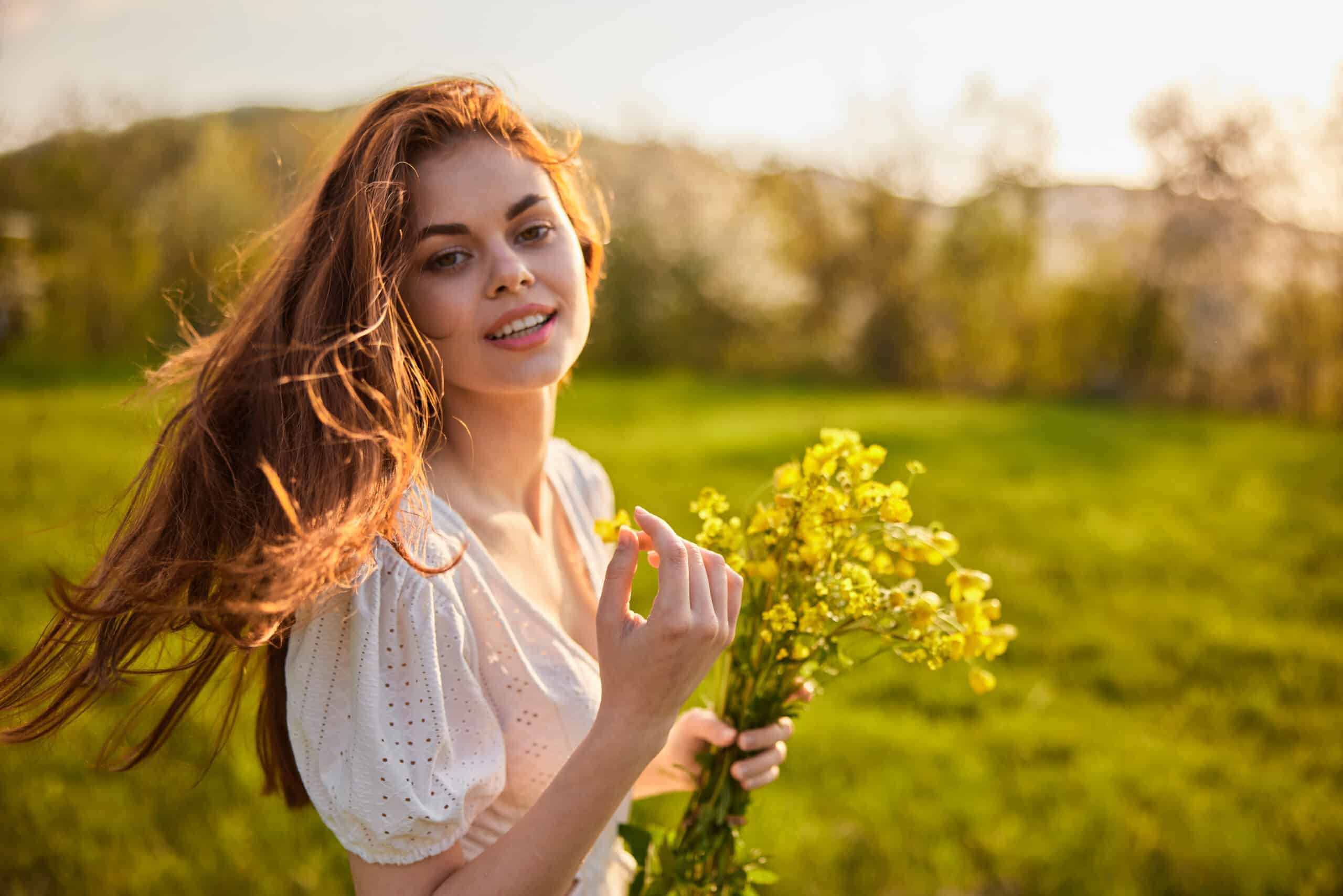 woman with a bouquet of wild yellow flowers in the rays of the setting sun in a field