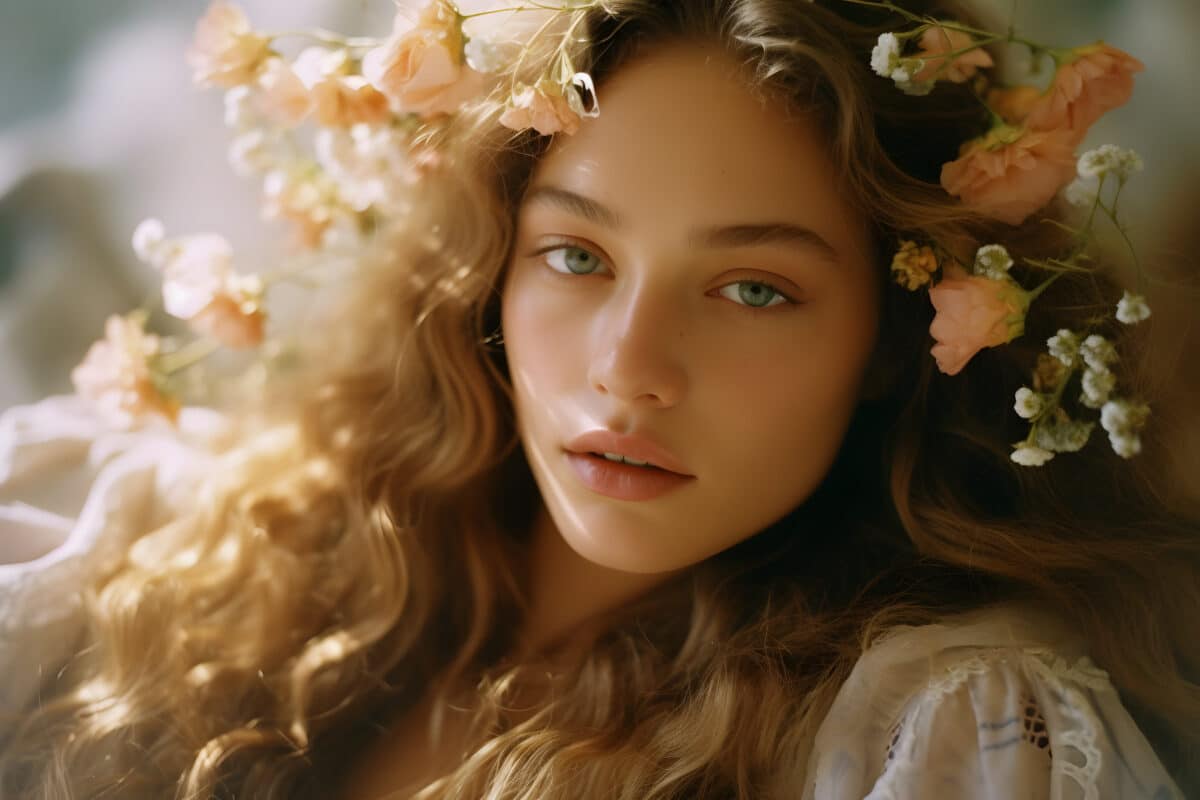 a beautiful young woman with flowers in her hair