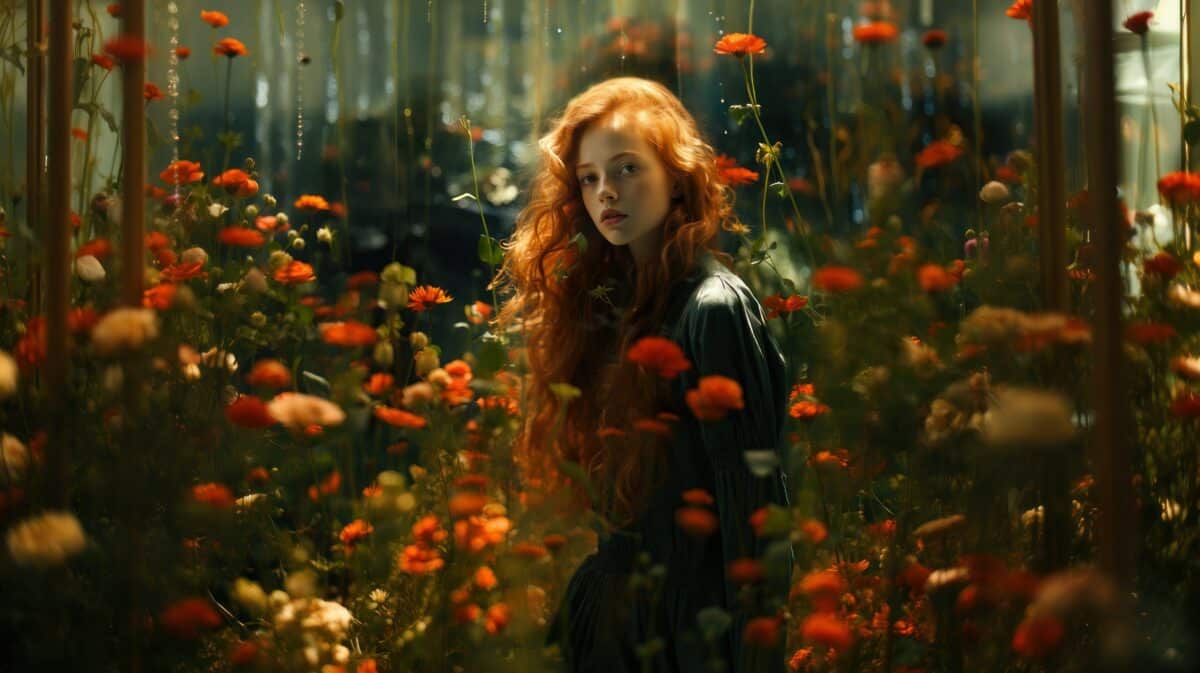 a stunning red haired lady standing in the mysterious but lovely flower garden in the woods