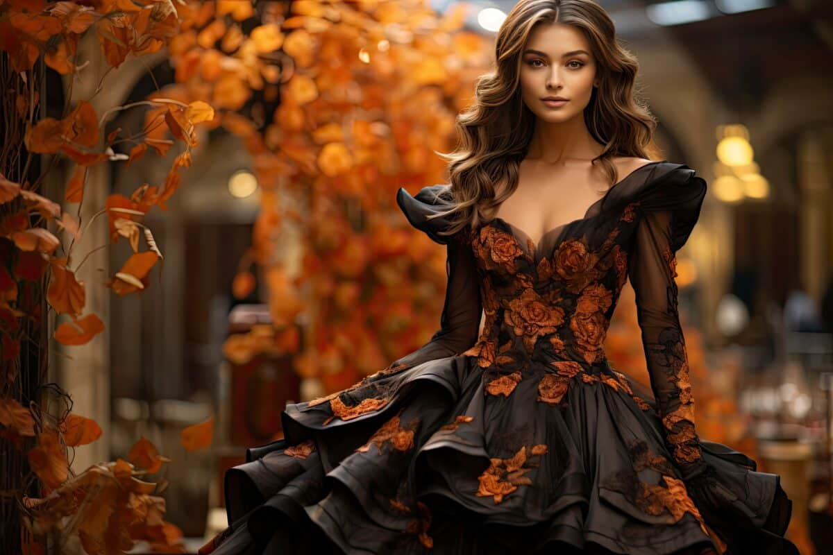 Gorgeous fictional woman dressed in a long black princess dress for Halloween.
