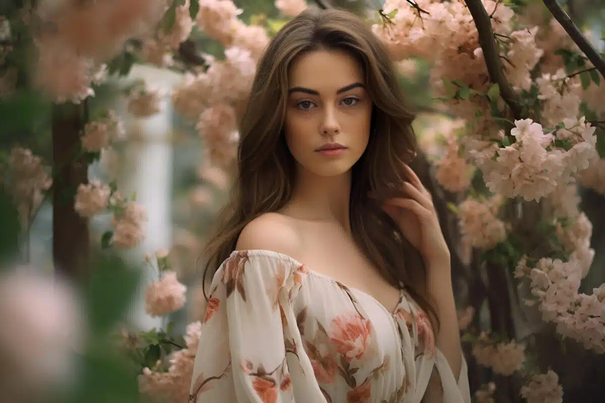 a pretty brunette in an elegant dress in a blooming garden
