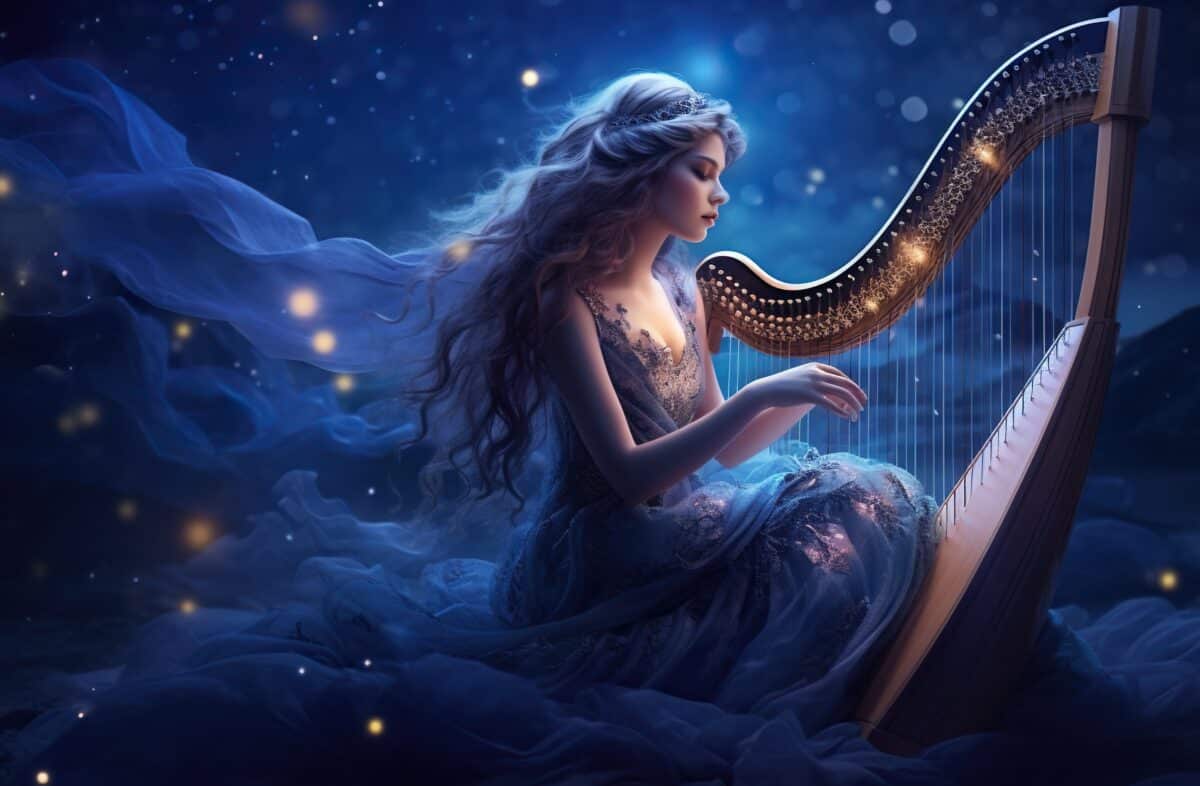 a stunning and mysterious lady playing a harp on a magical night