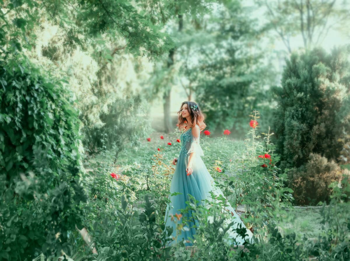 Вrunette girl wavy hair Hairstyle. green fairy forest. Medieval young beautiful woman Princess. blue vintage watercolor fluffy full dress, long train.