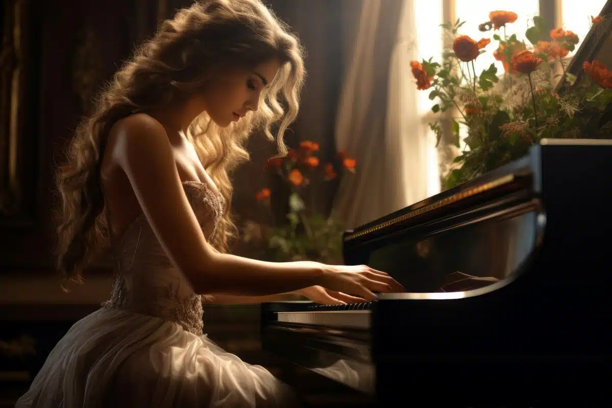 Beautiful Woman Playing Piano Near Window Flowers. Generate Ai