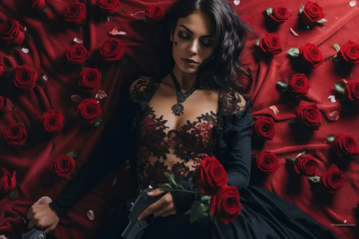a pensive woman laying on a bed of roses 