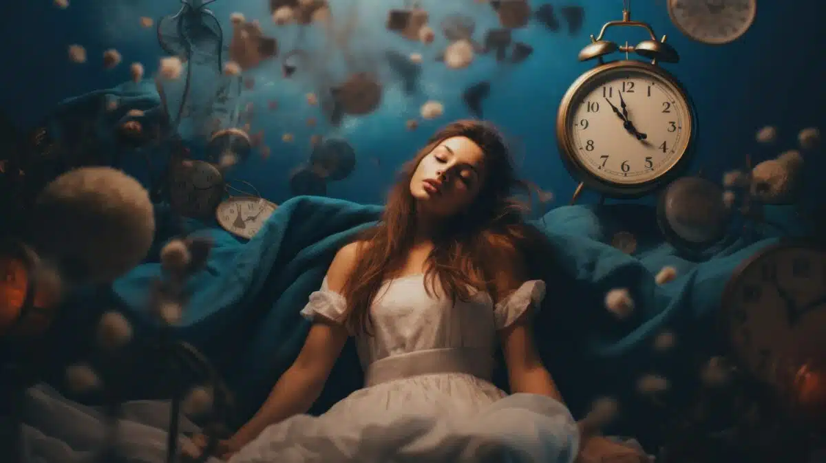 a woman in a white dress laying on a bed next to a clock