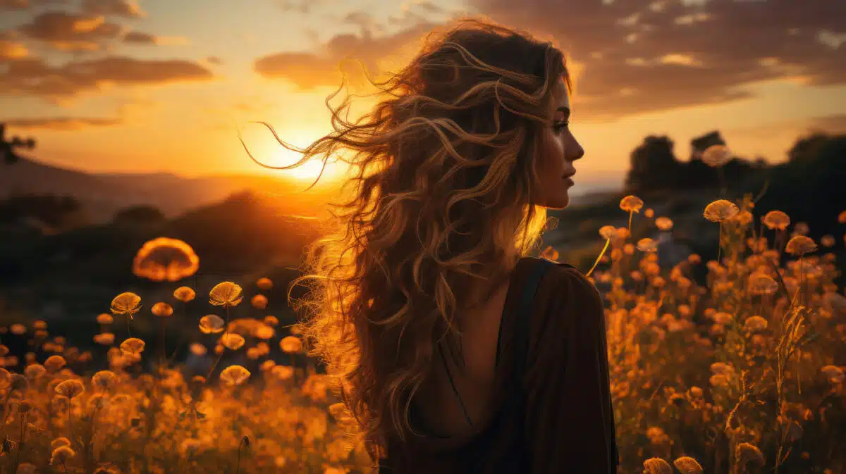 a pensive woman standing in nature at sunset