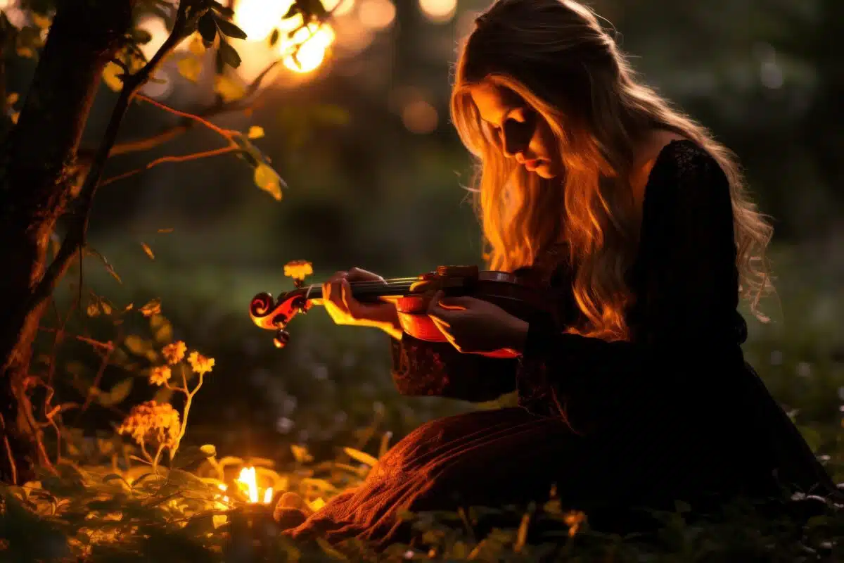a sad woman kneeling in the grass playing a violin