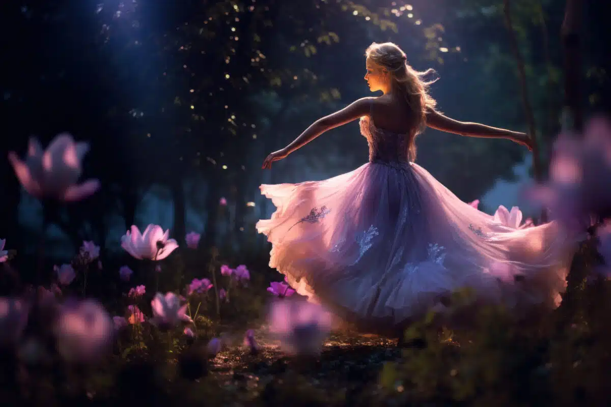 a lovely lady in a pink dress in a mysterious magical garden