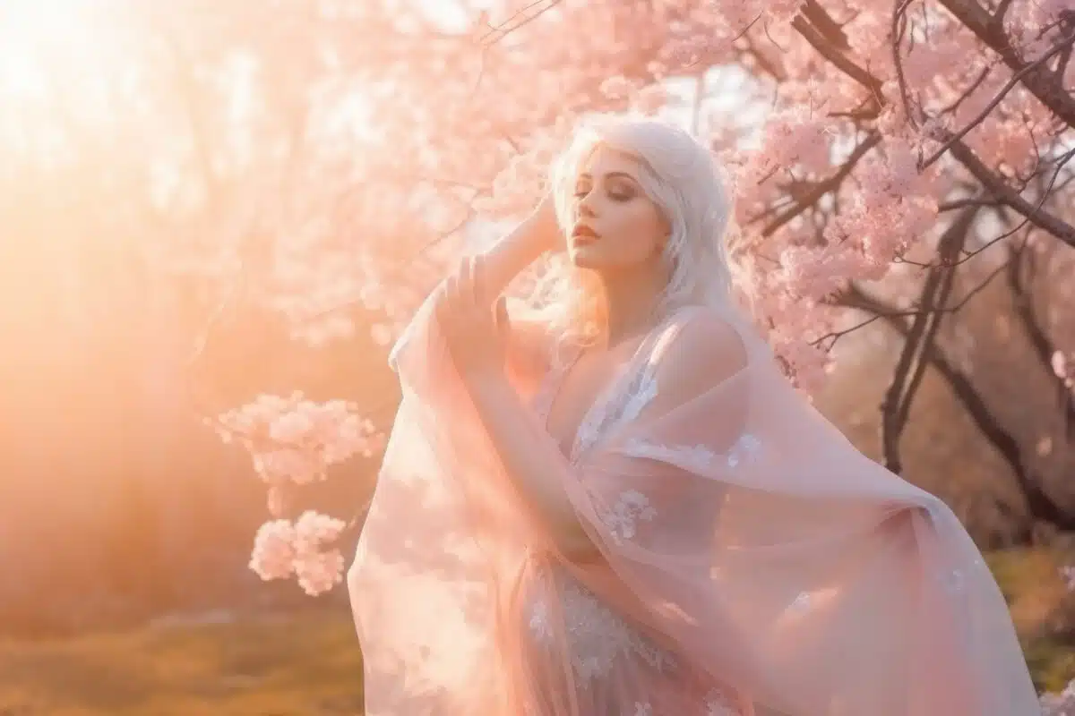 gentle blonde fairy in a pink blooming garden