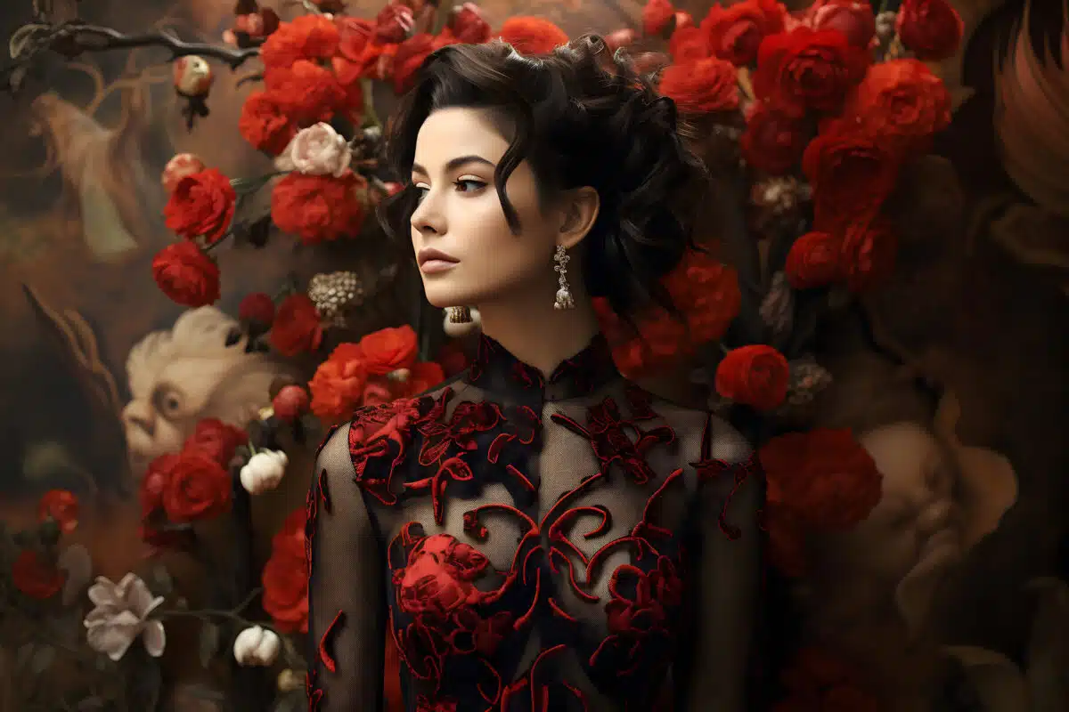 a captivating woman with red roses