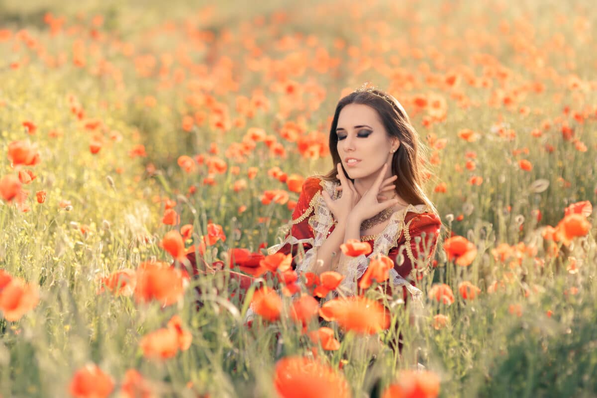 Beautiful young princess sitting in a field of poppies