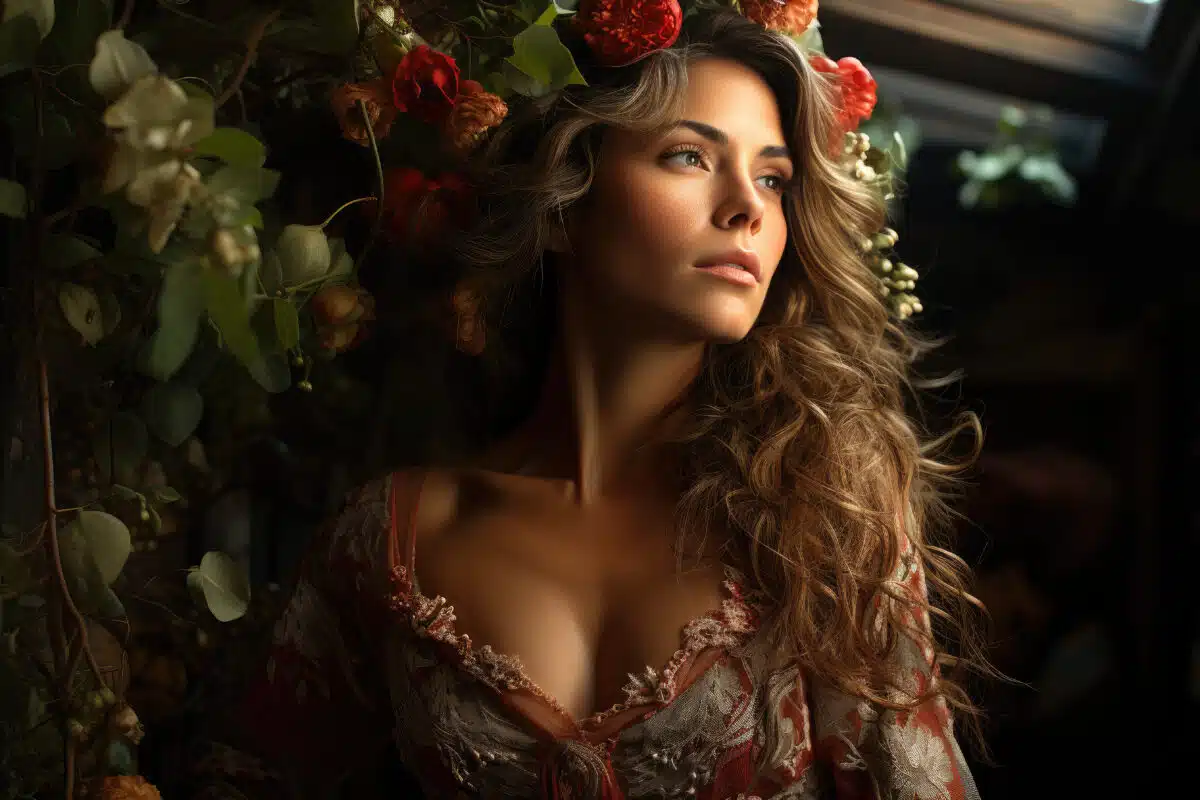 an attractive woman with a floral wreath on her head