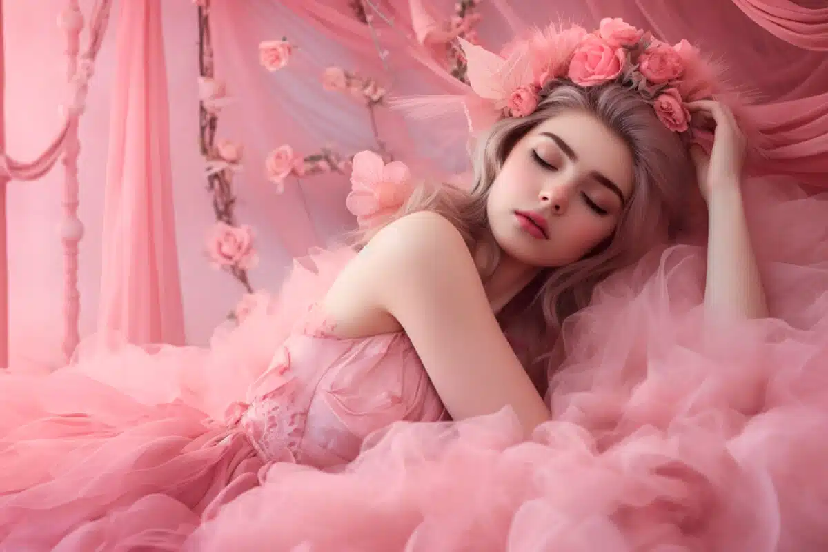 a pretty blonde in pink dress sleeping in a lacy pink room