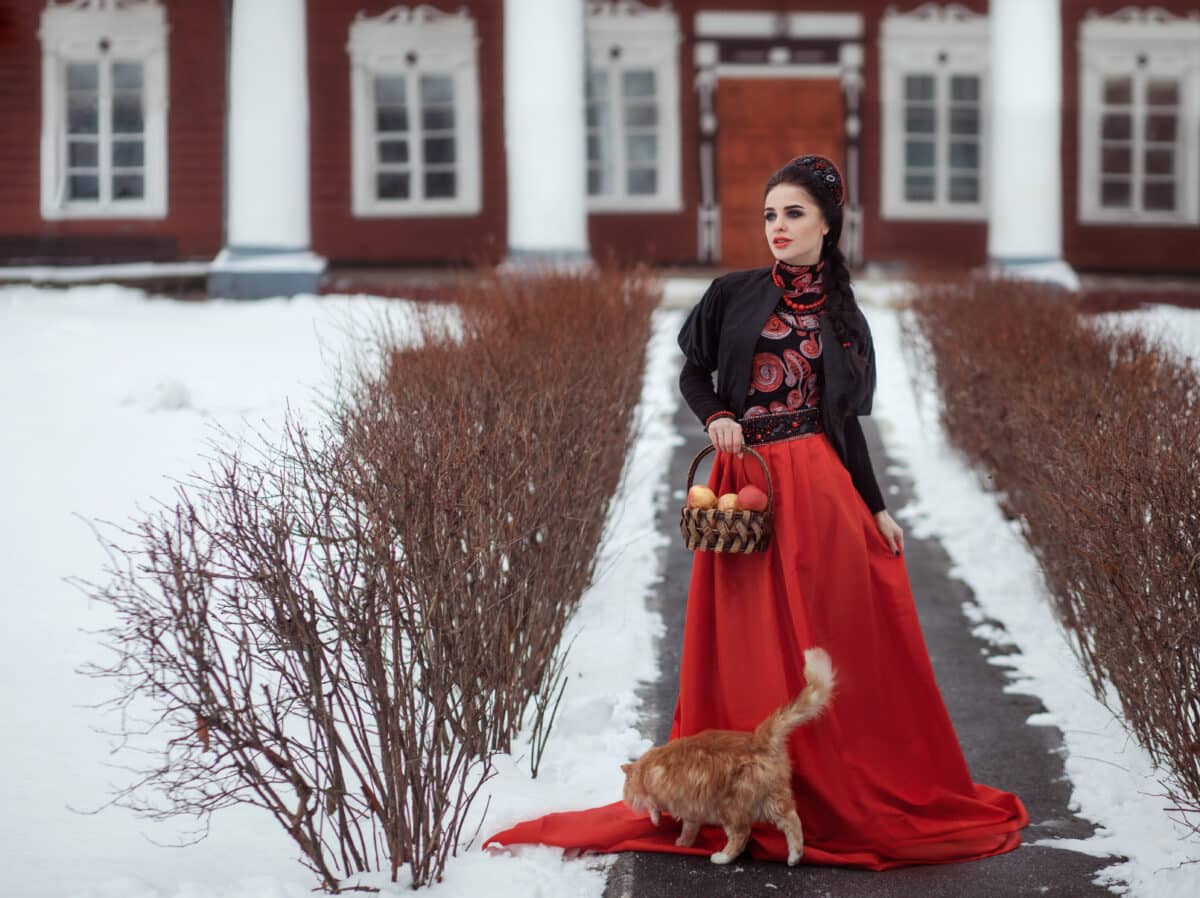 fairy tale lady in red clothes with a cat at her feet