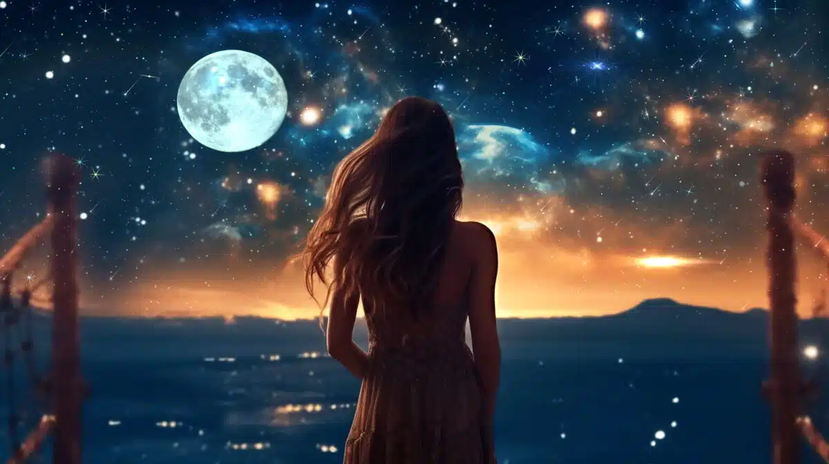 a beautiful young woman in white dress stay on earth and watch the starry sky and the moon planet 