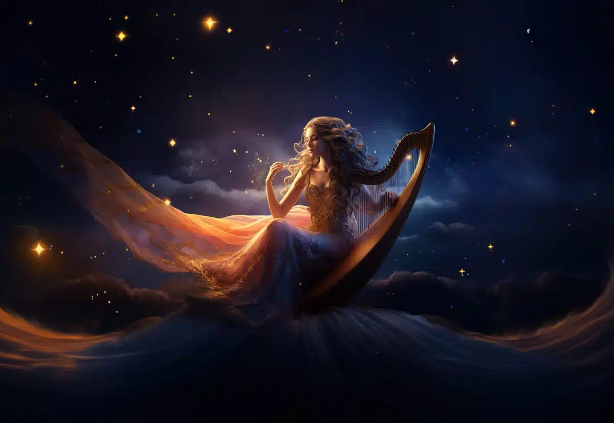 a fantasy lady is playing a harp in the night sky