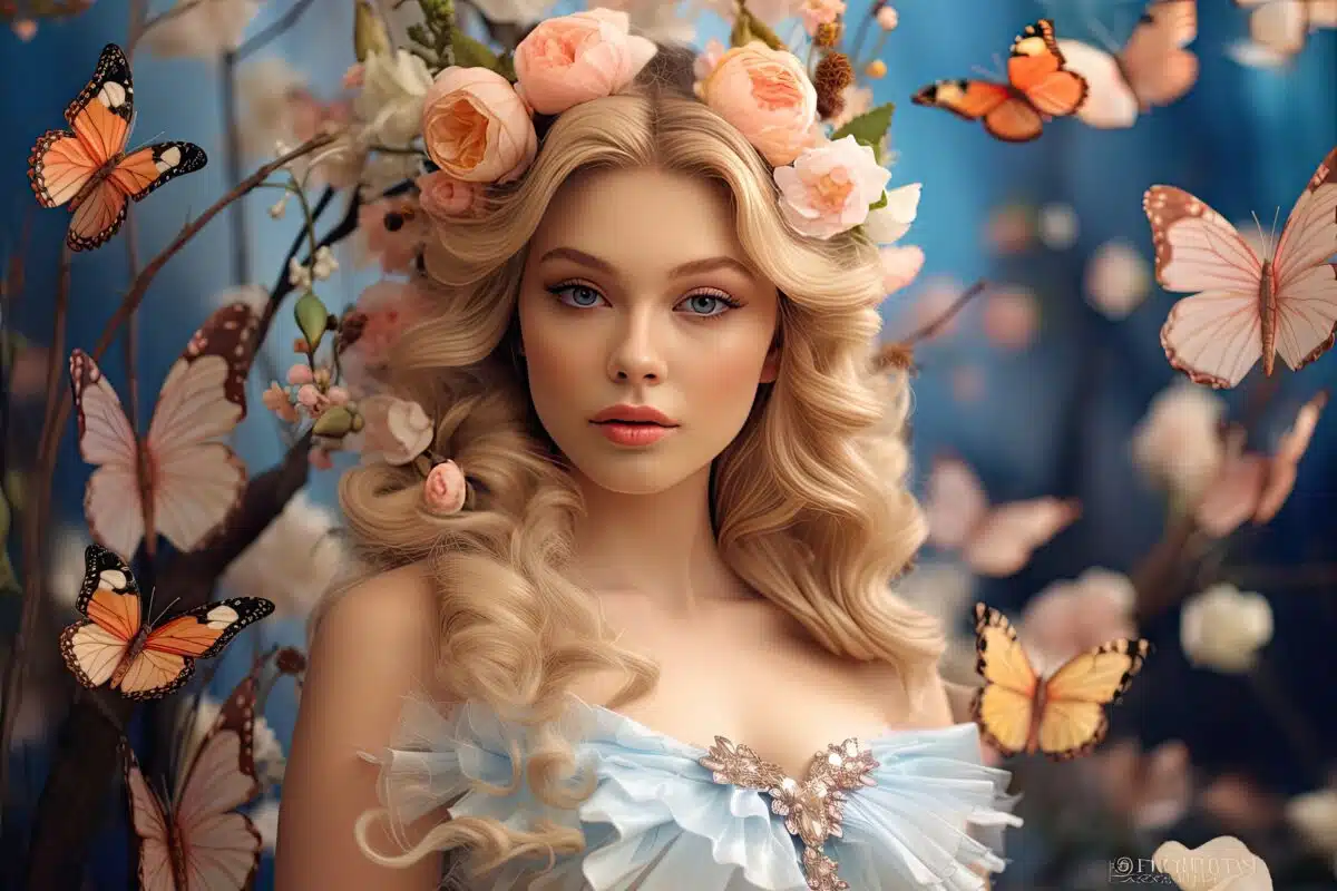 Spring fairy princess. Flowers and butterflies portrait of a beautiful blonde woman.