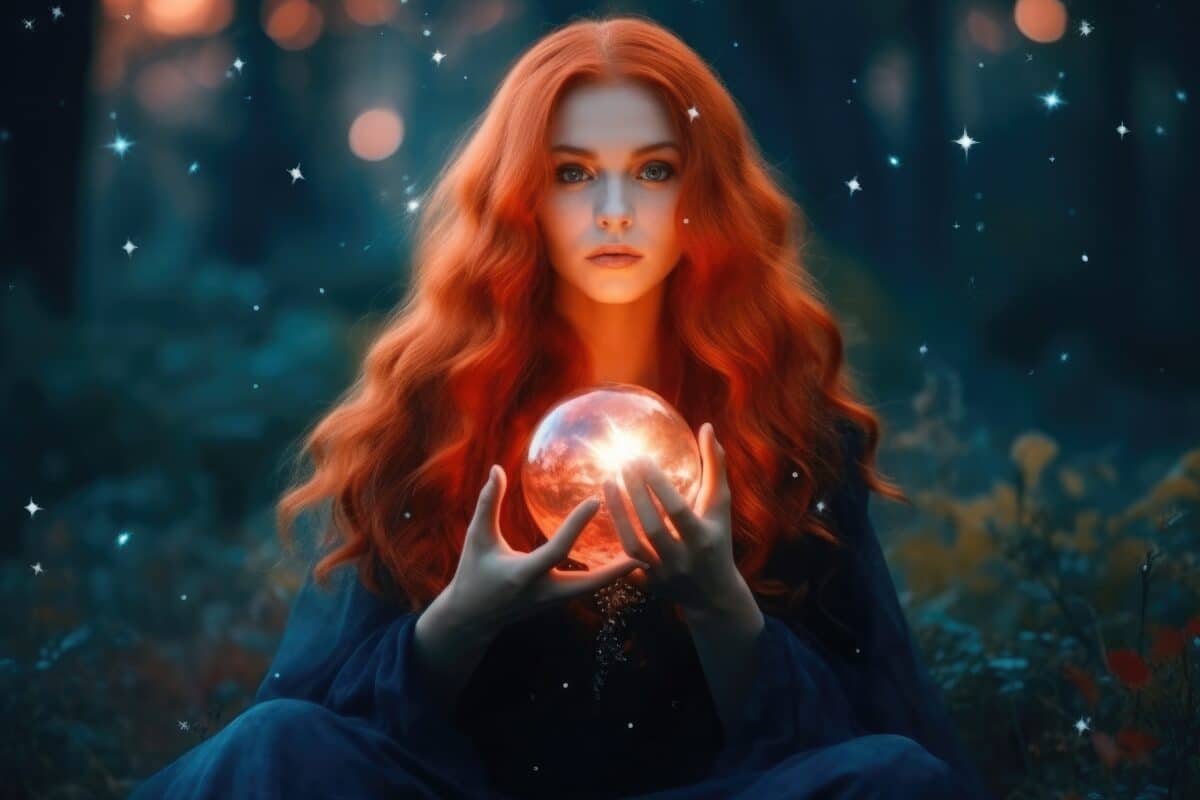 a red haired fairy with a flaming red magic ball in the woods