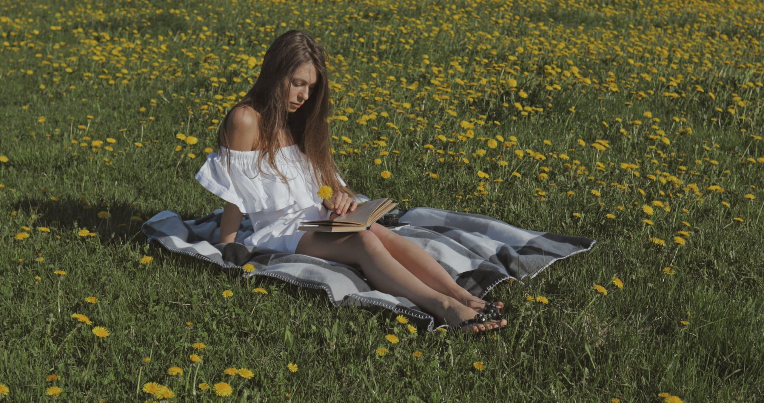 attractive young woman in white dress reading outdoor in the meadow with yellow wild flowers.