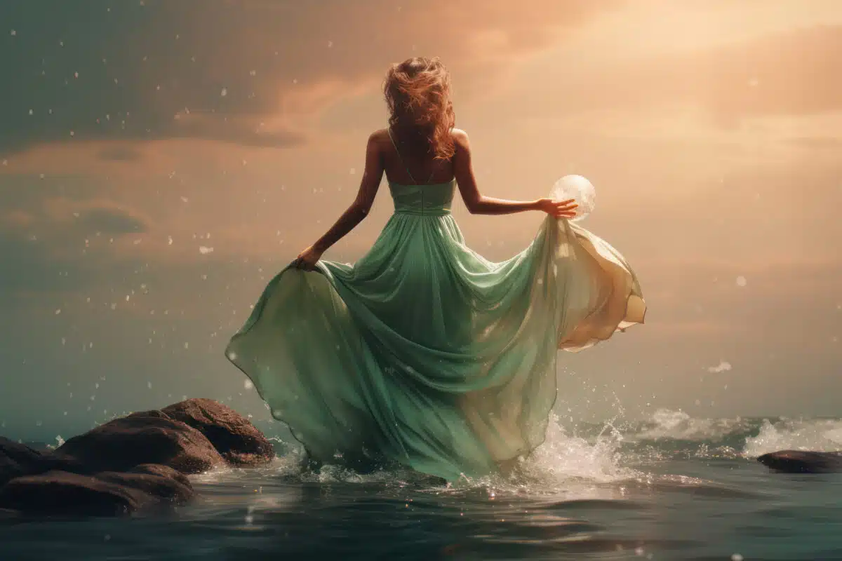 moody melancholic photoshoot on the water, woman wearing long flowing beautiful dress, neutral tones