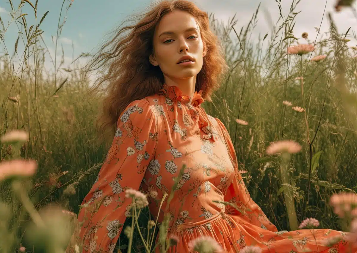 a red haired woman in a floral dress is sitting amongst tall grass and wildflowers