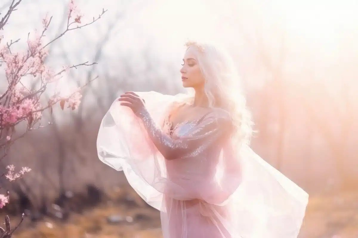 a beautiful fair-haired girl in a delicate dress among the flowers in the gentle rays of the rising sun