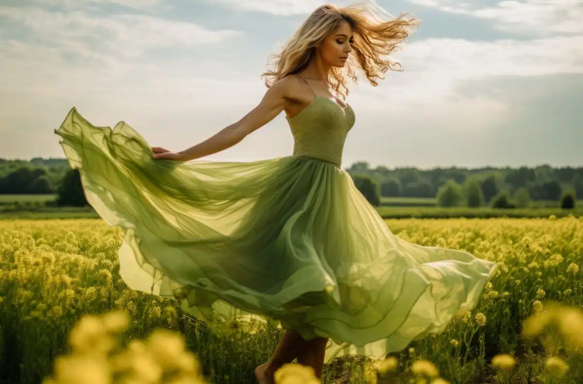 a young woman in a green dress is roaming in a flower field