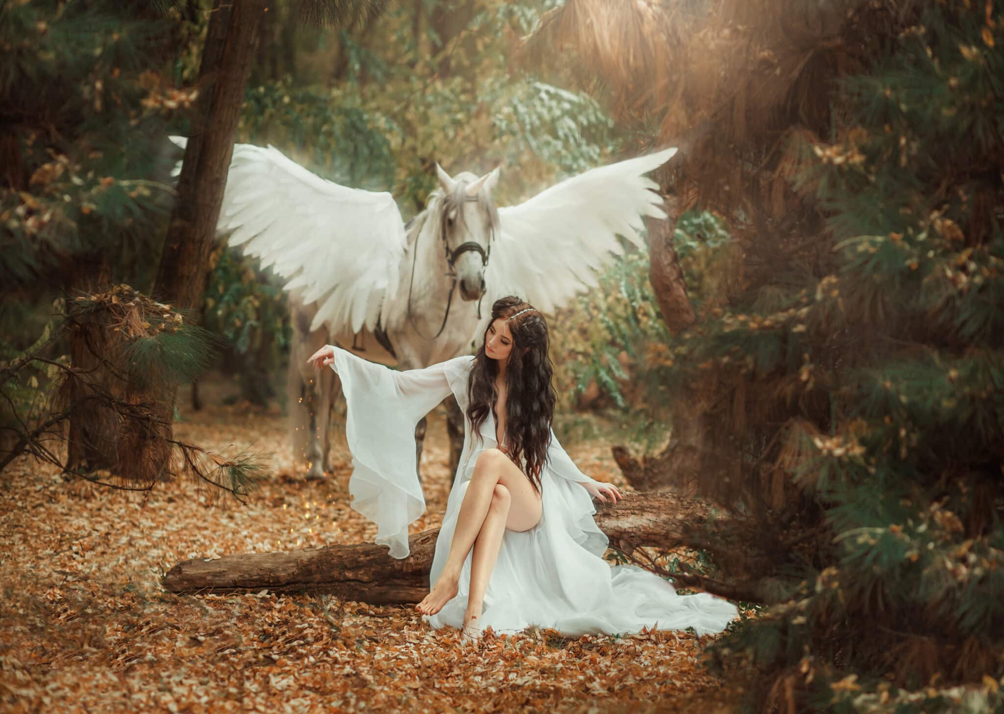 Beautiful, young elf, walking with a unicorn. She is wearing an incredible light, white dress.