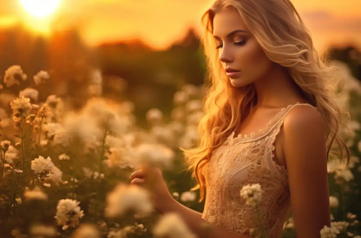a lovely lady enjoying the flowers in the field at sunrise