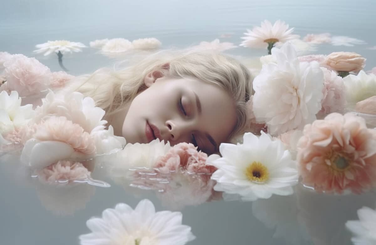 a stunning fantasy woman floating in water with flowers