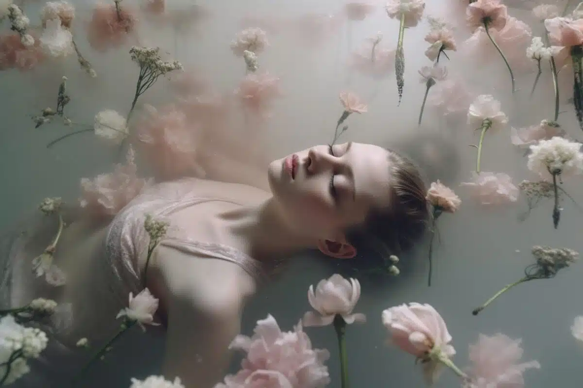 a stunning woman floating in water with flowers