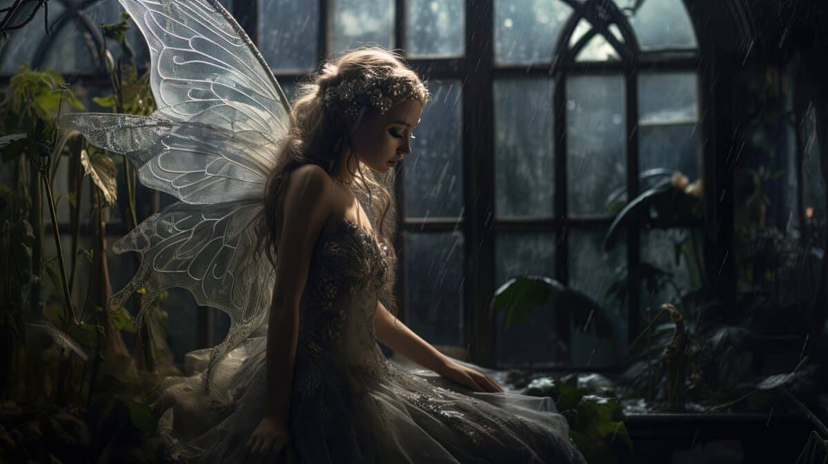 a young woman with wings sitting in a glasshouse during night