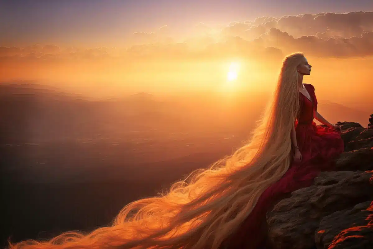 
a beautiful woman with extremly long hair standing on mountain top at sunset