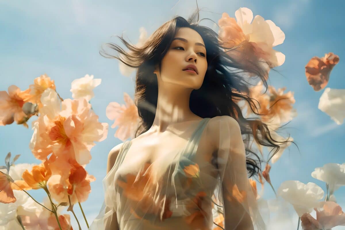 Young woman and the sky and retro flowers. The concept of mental health and self-care. Generated AI.