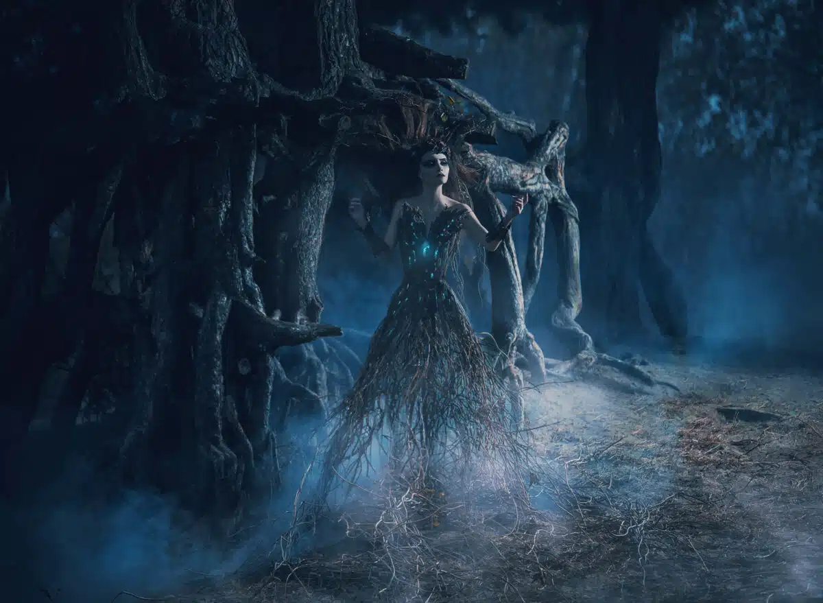 fantasy woman trees spirit wanders woods in dark magic forest. girl tree took root near mighty old oak, mystical gothic blue image, spells, fashion model. creative dress costume. color toning